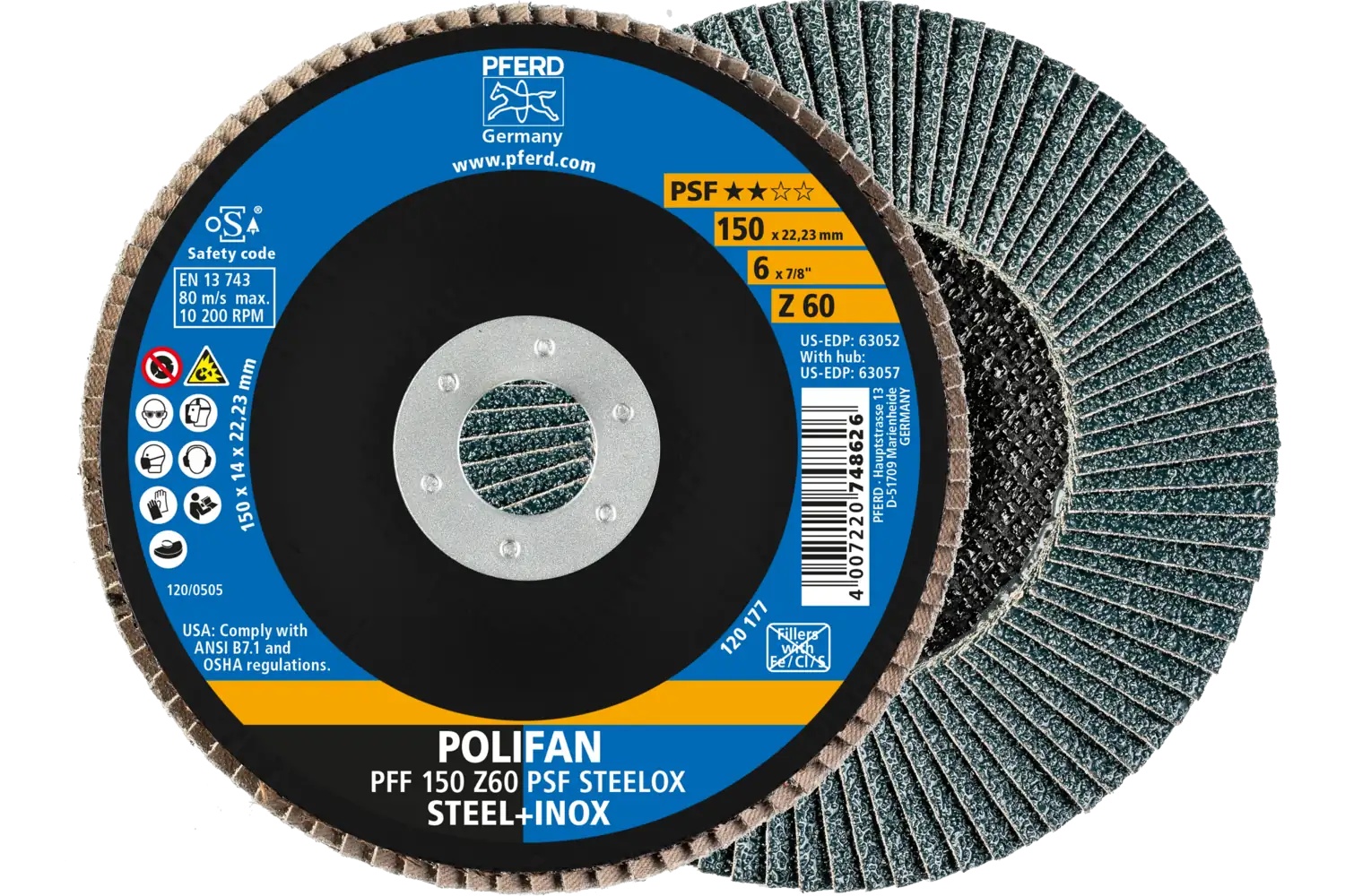 Picture of Pferd Flap Disc, 6" x 7/8, Z PSF Steelox, 60 Grit, T27, Flat, Zirconia
